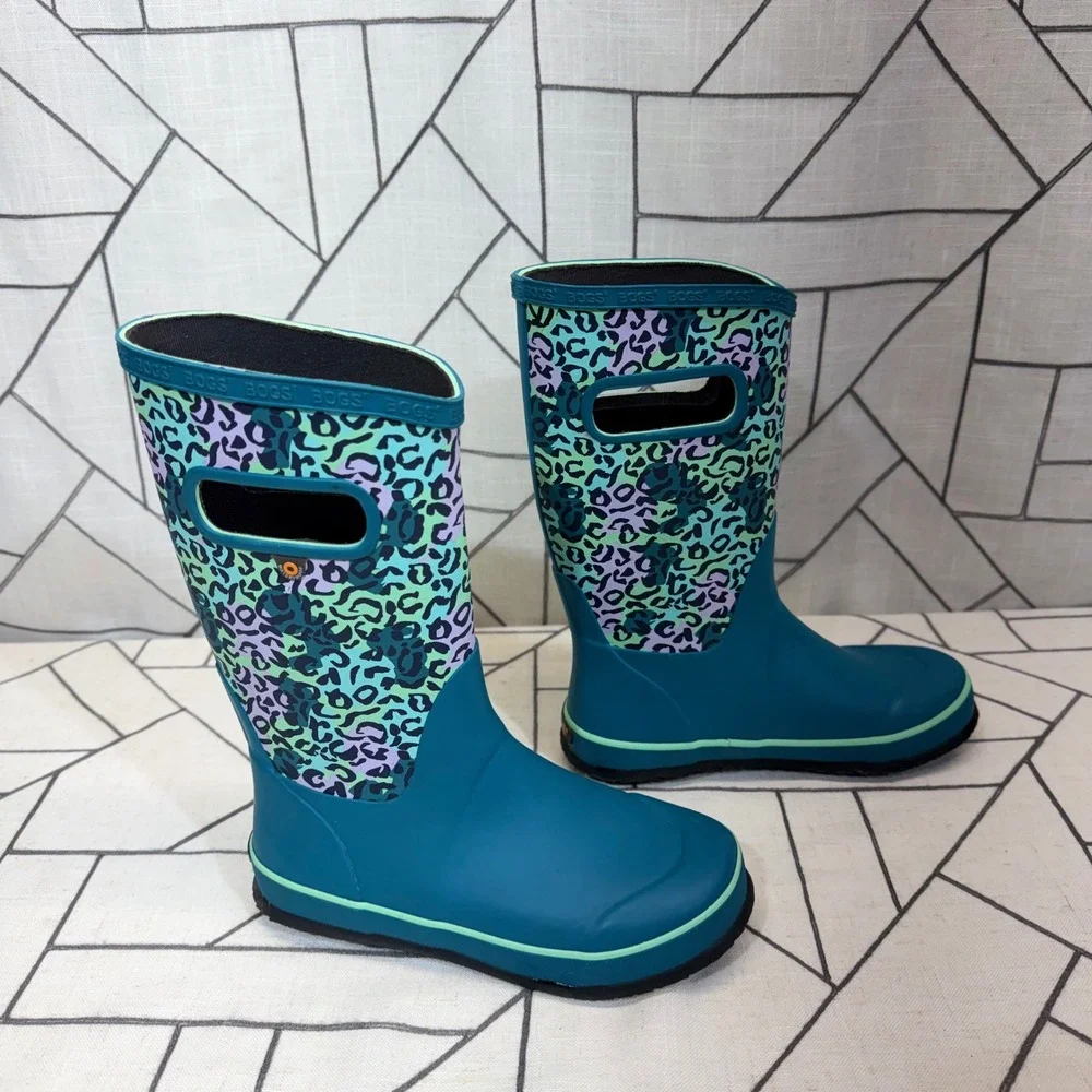 Bogs Rain Boots Size 3 Teal Leopard Print Waterproof Pull On Youth Shoes